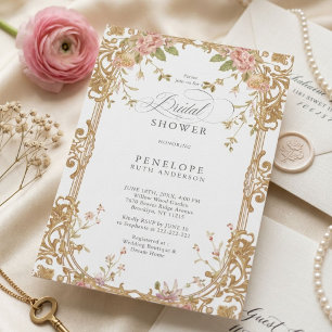 Invitación Ducha de Novia Floral Rosa Dorada Peonía
