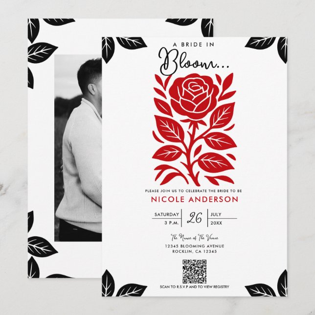Invitación Ducha de Novia Floral Rosa Roja y Negra (Anverso / Reverso)