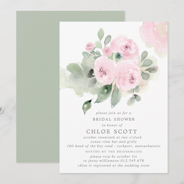 Invitación Ducha de novia floral rosa rosa Eucalyptus (Anverso / Reverso)