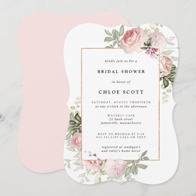Invitación Ducha de novia floral rosa rosa Rubor (Anverso / Reverso)