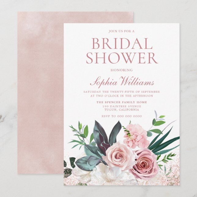 Invitación Ducha de novia floral Rosa rosa y turbia de Rubor (Anverso / Reverso)