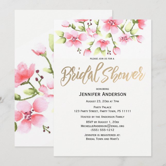 Invitación Ducha de novia floral rosa Rosebud (Anverso / Reverso)
