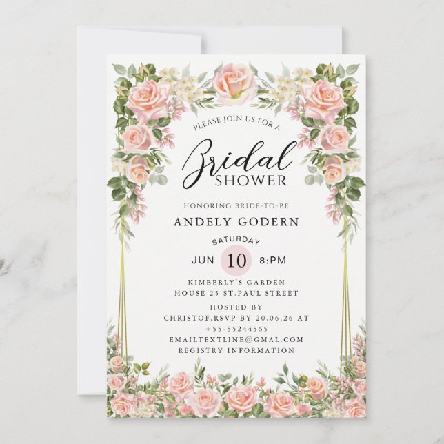 Invitación Ducha de Novia Floral Rosa Rubor Moderna (Anverso)