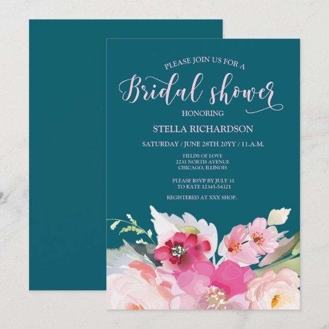 Invitación Ducha de novia floral rosa verde azulada (Anverso / Reverso)