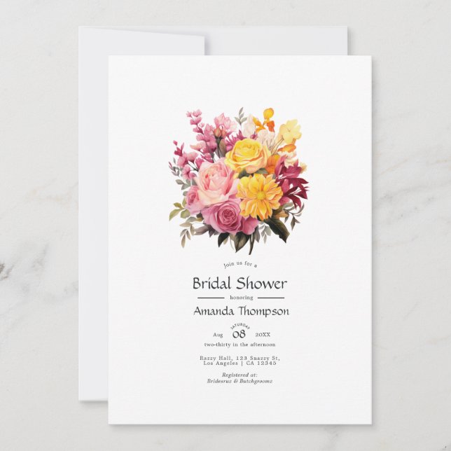 Invitación Ducha de novia floral rosa y amarilla (Anverso)