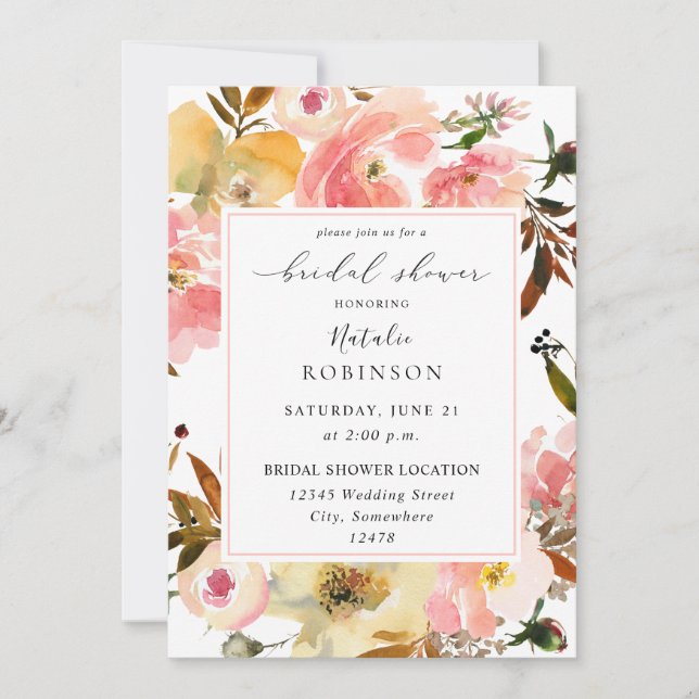 Invitación Ducha de novia floral rosa y amarilla (Anverso)