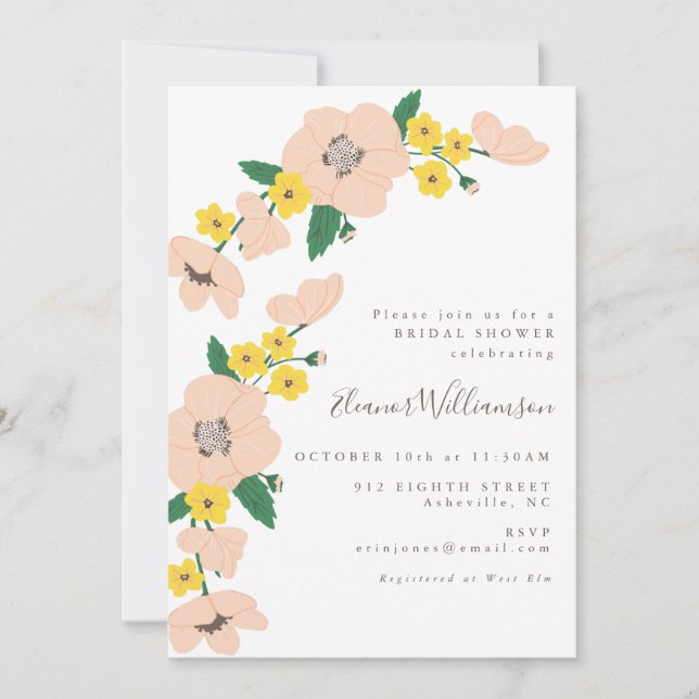 Invitación Ducha de novia floral rosa y amarilla (Anverso)