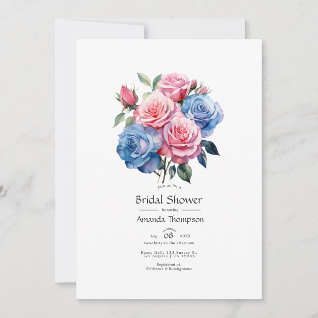 Invitación Ducha de novia floral rosa y azul (Anverso)