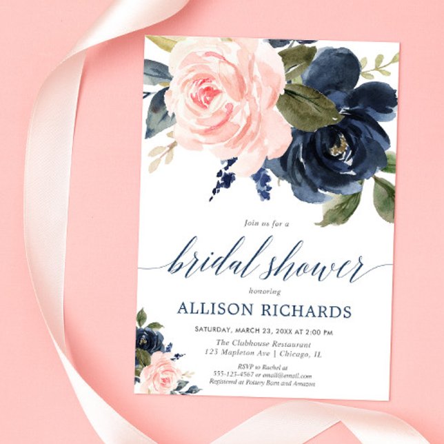 Invitación Ducha de novia floral rosa y azul marino Rubor (Subido por el creador)