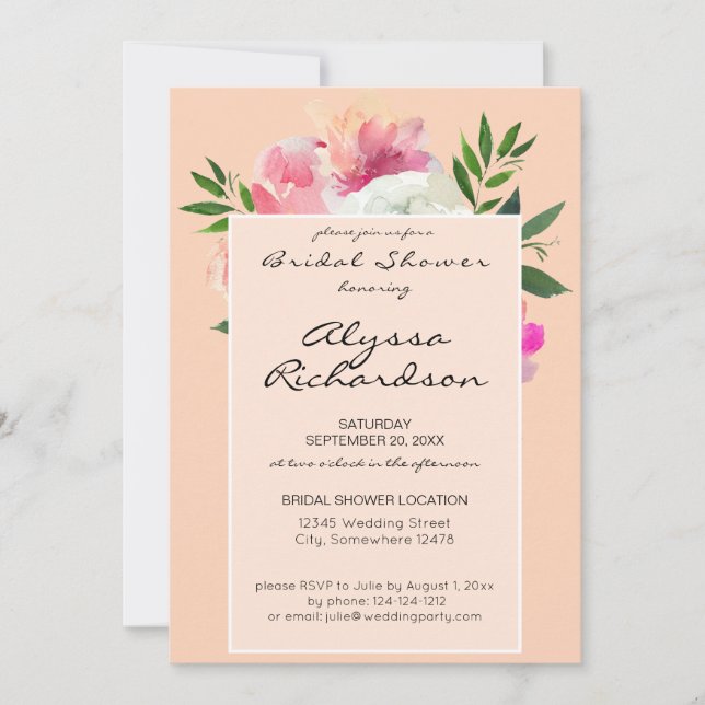 Invitación Ducha de novia floral rosa y blanca - 2B rosa (Anverso)