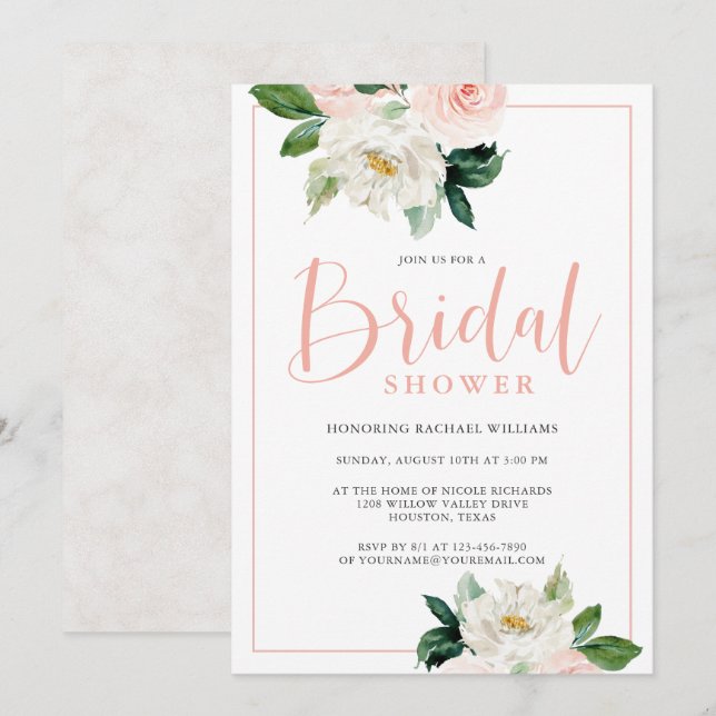 Invitación Ducha de novia floral rosa y blanca de Rubor (Anverso / Reverso)