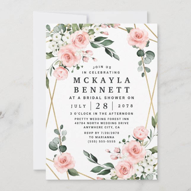 Invitación Ducha de novia floral rosa y dorada de Rubor (Anverso)
