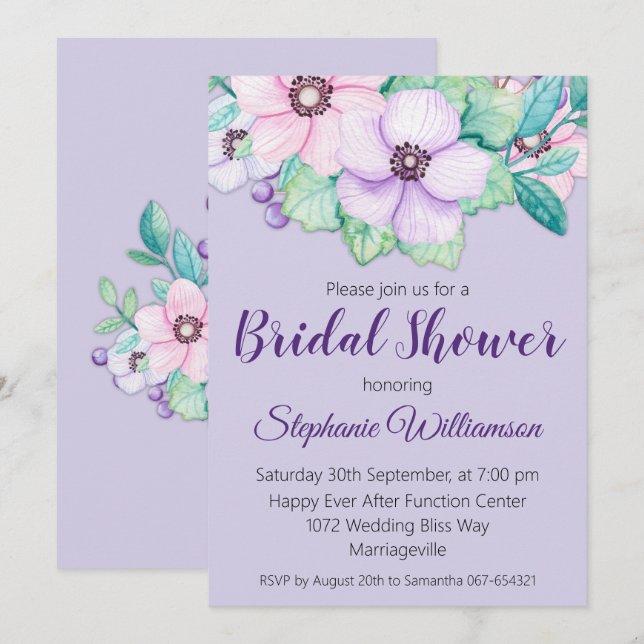 Invitación Ducha de novia floral rosa y lavanda (Anverso / Reverso)