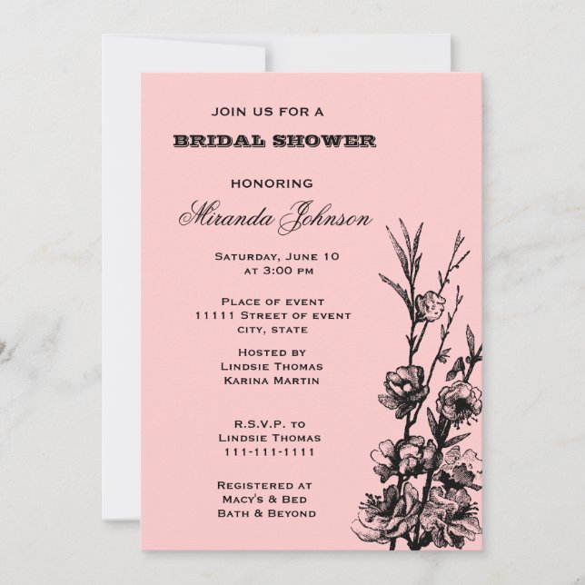 Invitación Ducha de novia floral rosa y negra (Anverso)