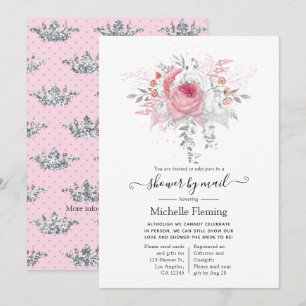 Invitación Ducha de novia floral rosa y plateada por correo