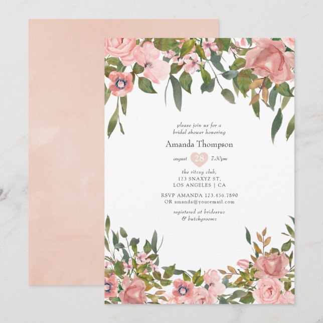 Invitación Ducha de novia floral rosa y Subió de Rubor (Anverso / Reverso)