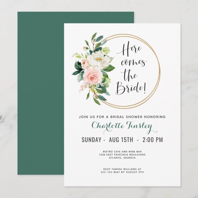Invitación Ducha de novia floral rosa y Verde azulada de Rubo (Anverso / Reverso)