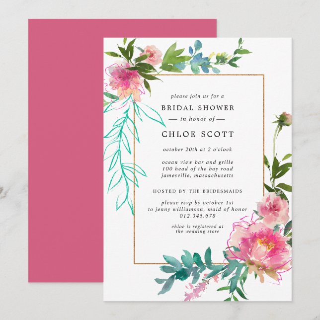 Invitación Ducha de novia floral rosada Peony (Anverso / Reverso)