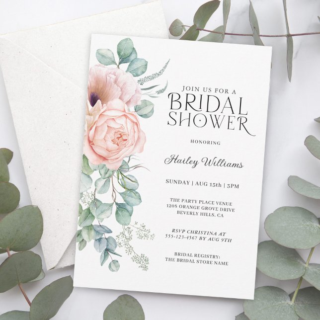 Invitación Ducha de novia floral suave pastel rosa Boho flora (Available as printed and paperless digital download!)