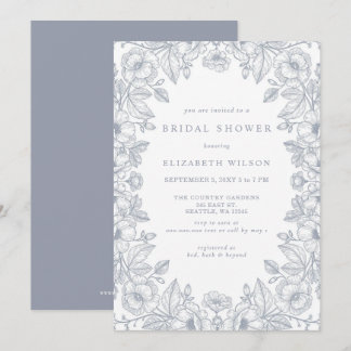 Invitación Ducha de Novia Floral Toile Chinoiserie Azul