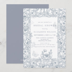 Invitación Ducha de Novia Floral Toile Chinoiserie Azul