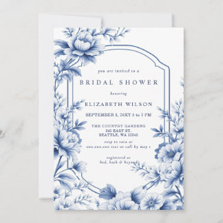Invitación Ducha de Novia Floral Toile Chinoiserie Azul