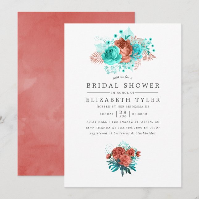 Invitación Ducha de novia floral tropical azul turquesa y cor (Anverso / Reverso)