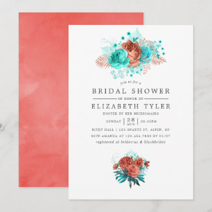 Invitación Ducha de Novia Floral Tropical Turquesa y Coral