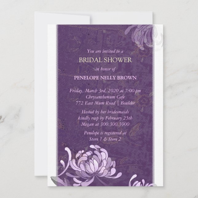 Invitación Ducha de novia floral única púrpura y blanca (Anverso)
