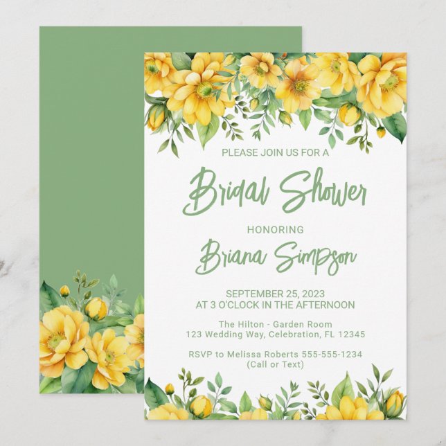 Invitación Ducha de novia floral verde amarilla (Anverso / Reverso)