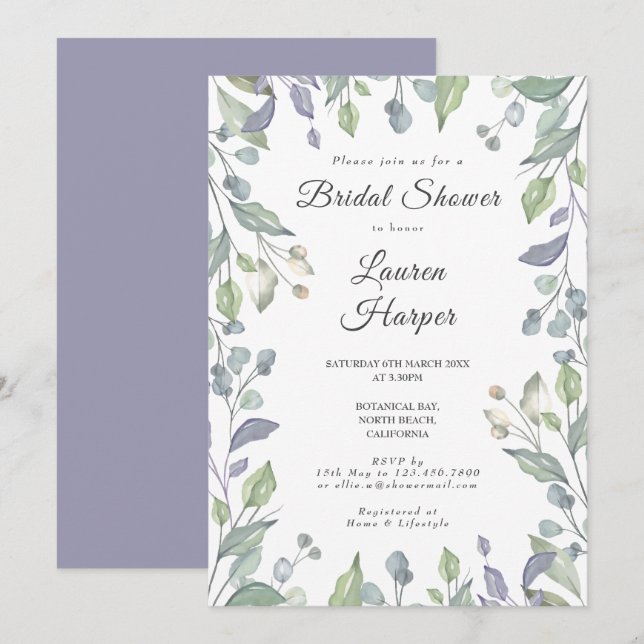 Invitación Ducha de Novia Floral Verde Lila (Anverso / Reverso)