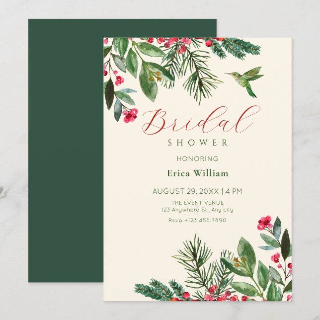Invitación Ducha de novia floral verde roja (Anverso / Reverso)