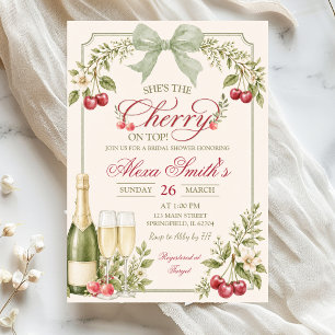 Invitación Ducha de Novia Floral Verde Salvia con Cereza Enci