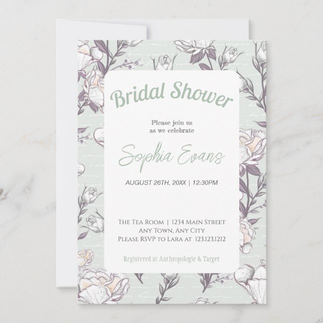 Invitación Ducha de novia floral verde y blanca bordeada (Anverso)