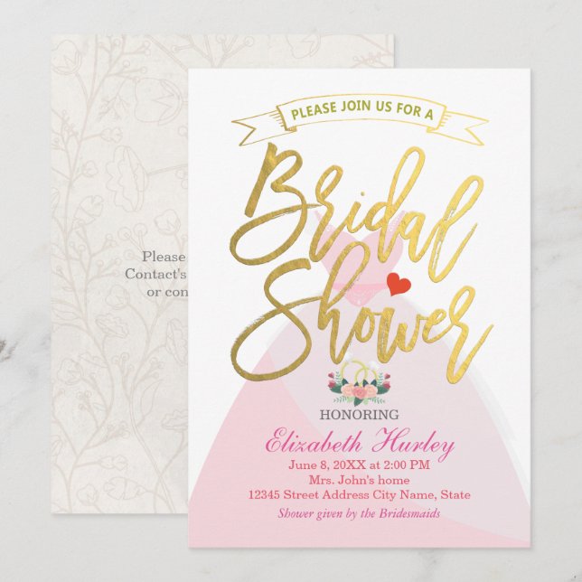 Invitación Ducha de novia Floral Vestido de novia Rando de Di (Anverso / Reverso)