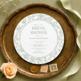 Invitación Ducha de Novia Floral Vintage Verde Salvia Francés
