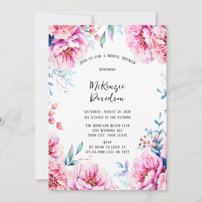 Invitación Ducha de novia floral y aérea de Pink Peonies (Anverso)