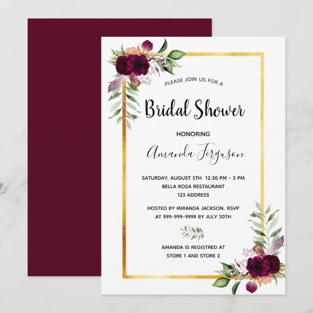 Invitación Ducha de novia florals burgundy verde boho (Anverso / Reverso)