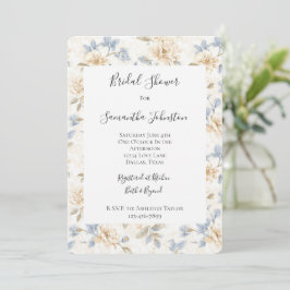 Invitación Ducha de Novia Flores Azules Crema Romántica