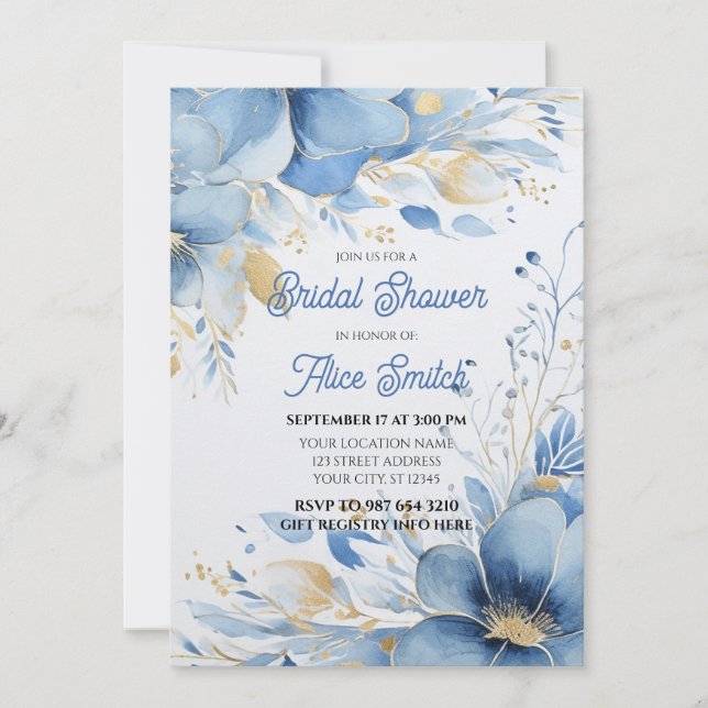 Invitación Ducha de novia, flores azules, elegante (Anverso)