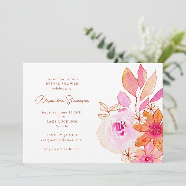 Invitación Ducha de Novia Flores de Agua Boho Rosa Naranja (Anverso de pie)