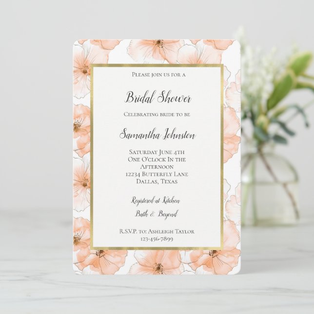 Invitación Ducha de Novia Flores de Melocotón Hermoso (Anverso de pie)