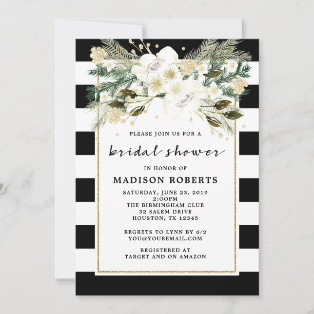 Invitación Ducha de novia Flores de rayas blancas y negras (Anverso)