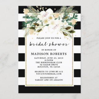 Invitación Ducha de novia Flores de rayas blancas y negras