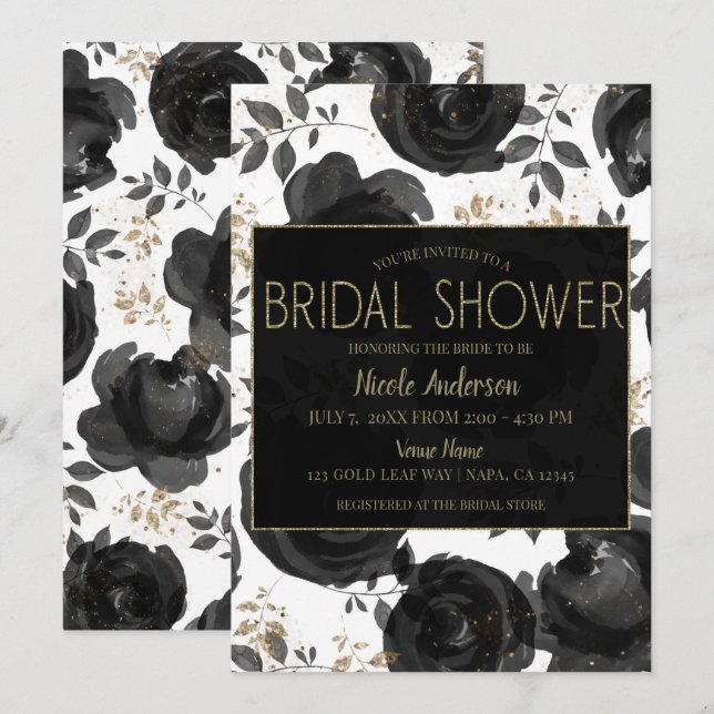 Invitación Ducha de Novia Flores Glam Oro Negro (Anverso / Reverso)