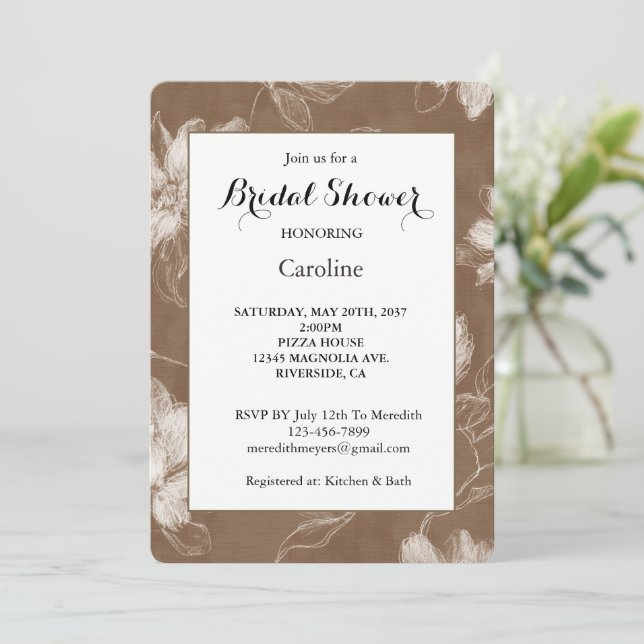 Invitación Ducha de Novia Flores Marrones Crema Abstractas (Anverso de pie)