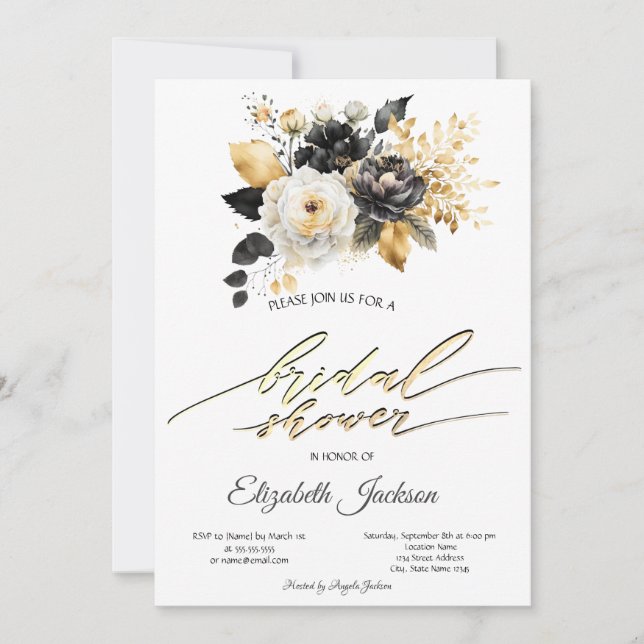 Invitación Ducha de Novia Flores Negro Blanco Dorado (Anverso)