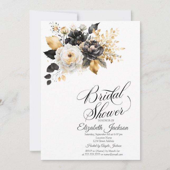 Invitación Ducha de Novia Flores Negro Blanco Dorado (Anverso)