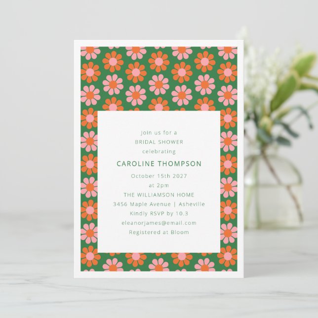 Invitación Ducha de Novia Flores Retro Lindas Rosadas Verdes  (Anverso de pie)