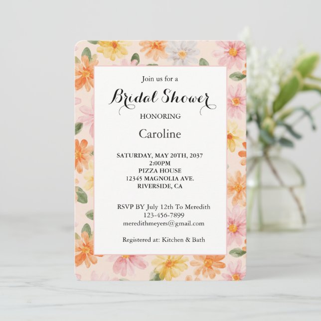 Invitación Ducha de Novia Flores Rosa Amarillo Azul Melocotón (Anverso de pie)
